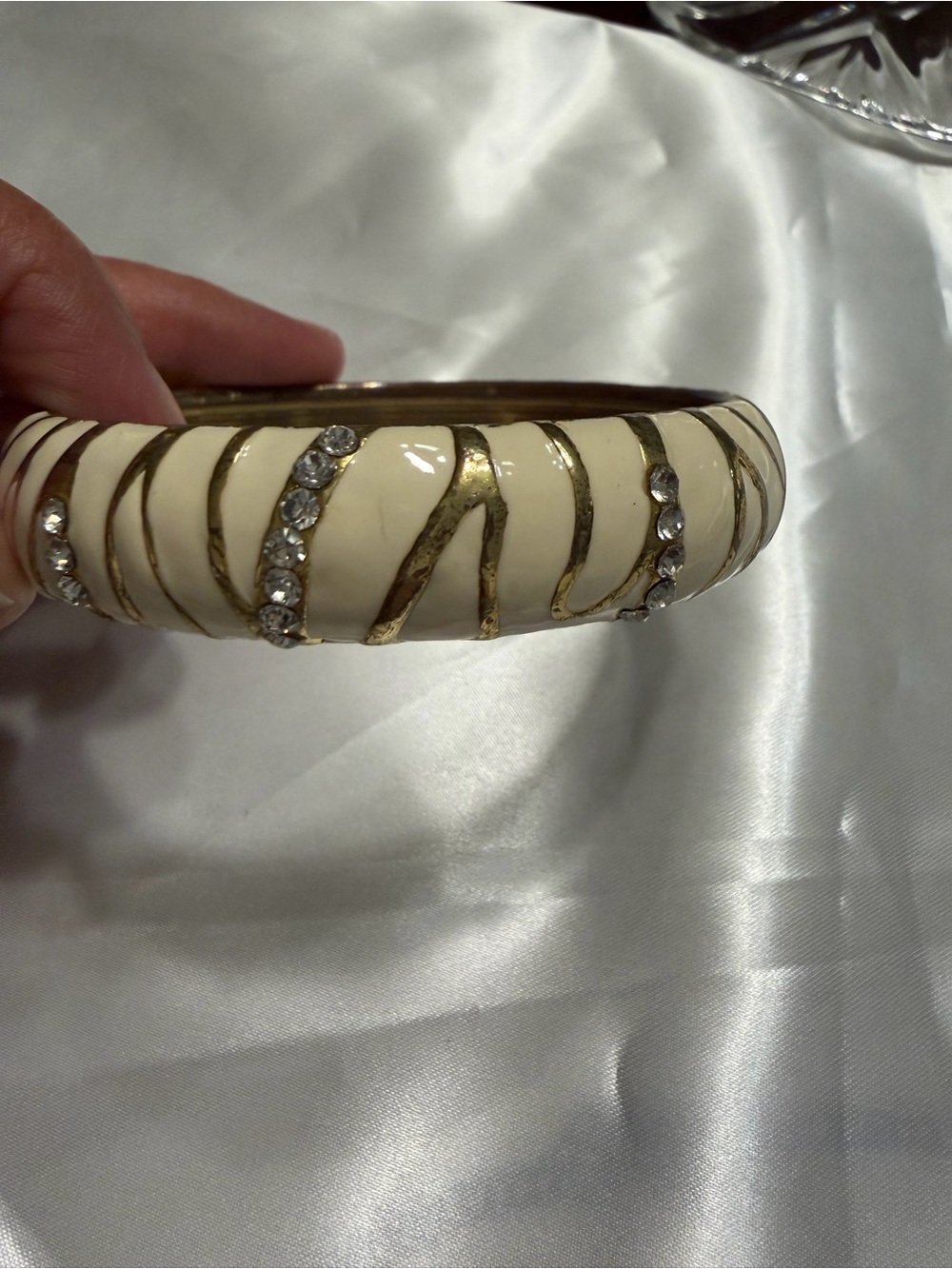 Cream Enamel and Gold-Tone Crystal Zebra Bangle Bracelet